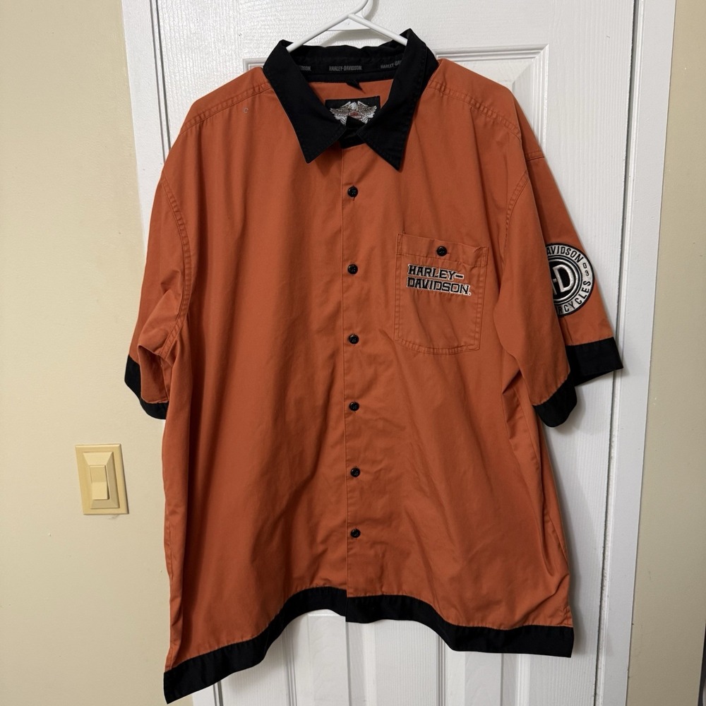 Harley Davidson Orange Men's 2XL Garage Button Up Shirt Genuine Oil Refinery